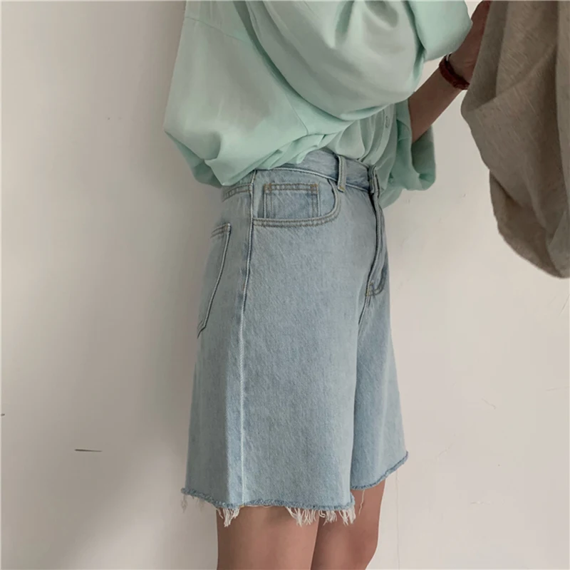 QOERLIN Retro Jean Shorts Women Korean High Waist Wide Leg Denim Shorts Ripped Pocket Sky Blue Shorts Loose Casual Bottoms