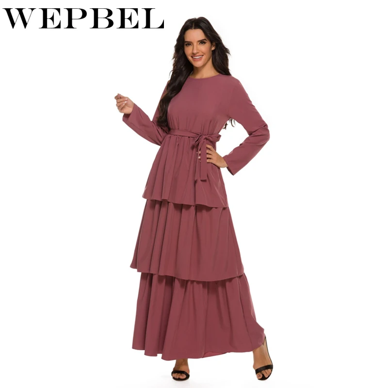 

WEPBEL Women Arabic Muslim Abaya Dress Ruffles Fashion Full Sleeve Casual New Ladies Long Maxi Dresses