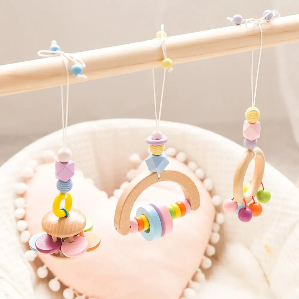 

3pcs Baby Wooden Pendant Colorful Ring-Pull Beech Ring Baby Play Gym Wooden Teether BPA Free For Crib Rattle Pendant Toys Gifts