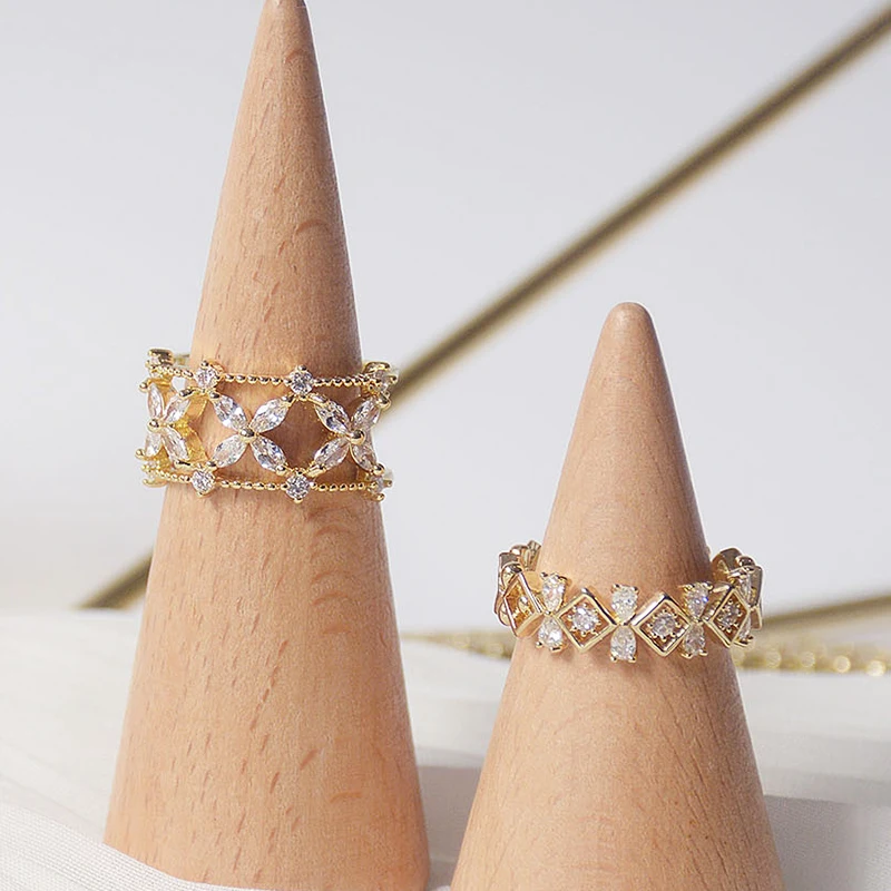 

Vintage Noble 14k Real Gold Jewelry Flower Rhombus Rings for Women Adjustable Open Brilliant Zirconia Wedding Party INS Hot Gift