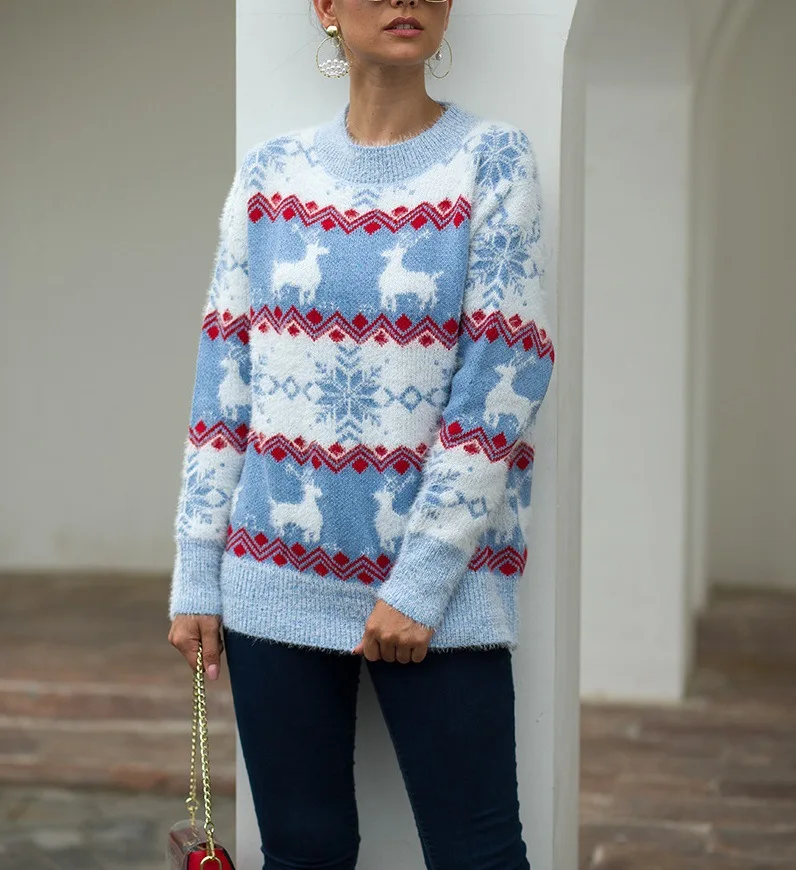Women Christmas Sweater Long Sleeve ONeck Printed Deer Knitting Tops Pull Femme Nouveaute 2019 Womens Warm Winter Autumn | Женская