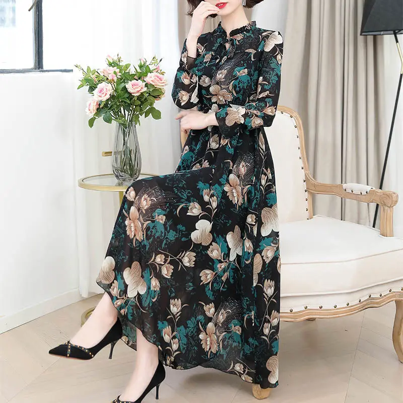 

Elegant Women's Dress For Autumn Spring V-Neck Long Sleeve A-Line Women's Dress Court Style Printing Female Clothes SS3430