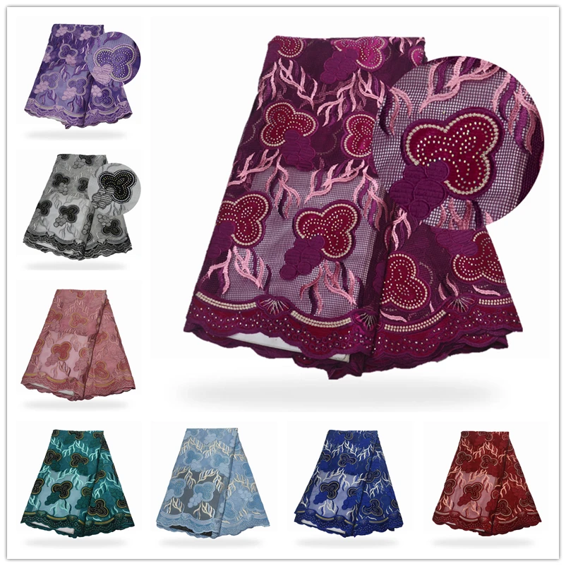 

New African lace fabric, light purple mesh lace with delicate stones and embroidered lace, Nigerian velvet fabric wedding dress