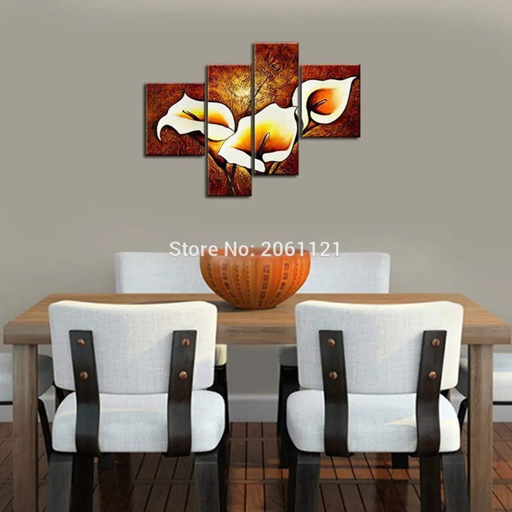 

Blooming Lily Flowers 4 panels Modern 100% Hand-painted Floral Oil Paintings BROWN Artwork on Canvas Wall Art Set for Home Decor