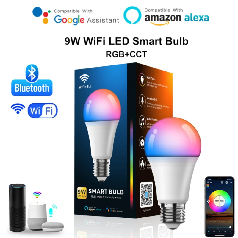 

Умсветильник лампа E26 с Wi-Fi, 9 Вт, светодиодная лампа RGB, работает с Alexa/Google Smart Home, функция RGB + белый с регулируемой яркостью, волшебная лампа, ли...