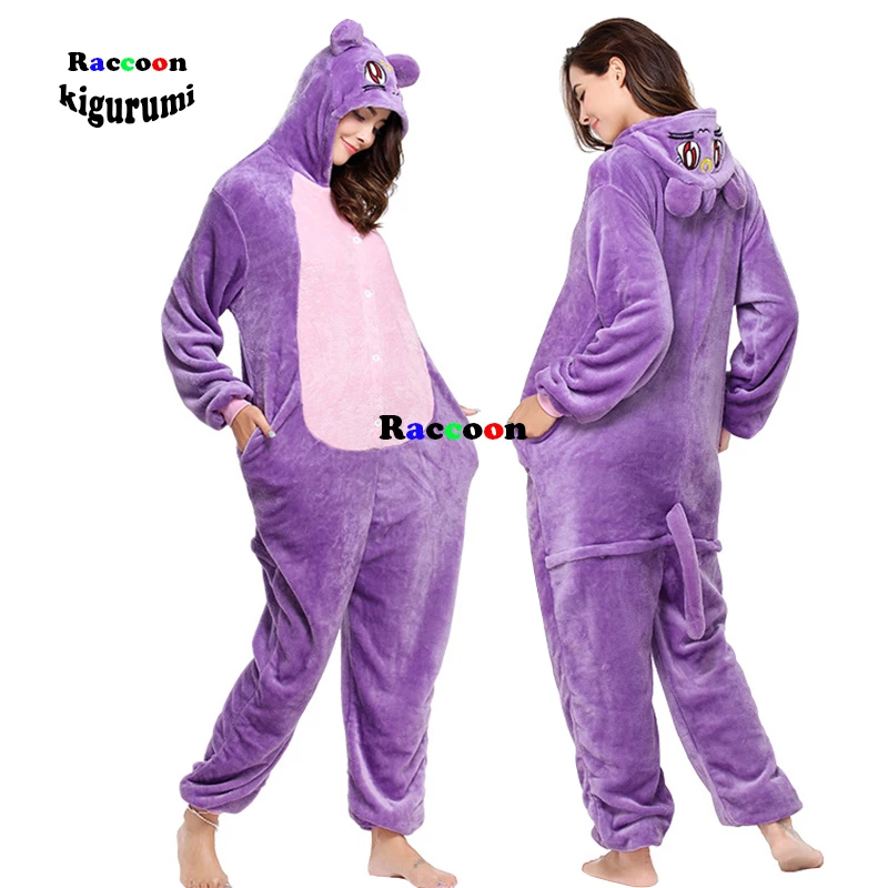 

Loose Animal Onesies For Adults Kigurumi Pajamas Purple Cat One-Piece Pijamas For Women Onsie Halloween Cosplay Costume Romper