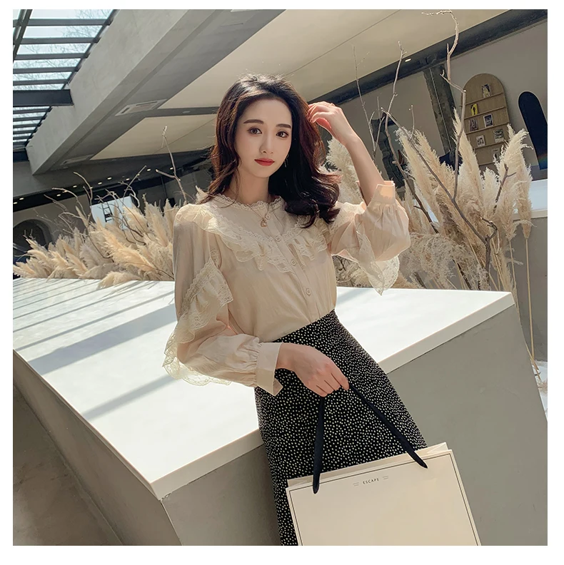 

2021 Elegant Ladies Tops Women's Tops and Blouses Solid Lace Blouse Button Stand Tops for Women Shirts Blusas Femininas