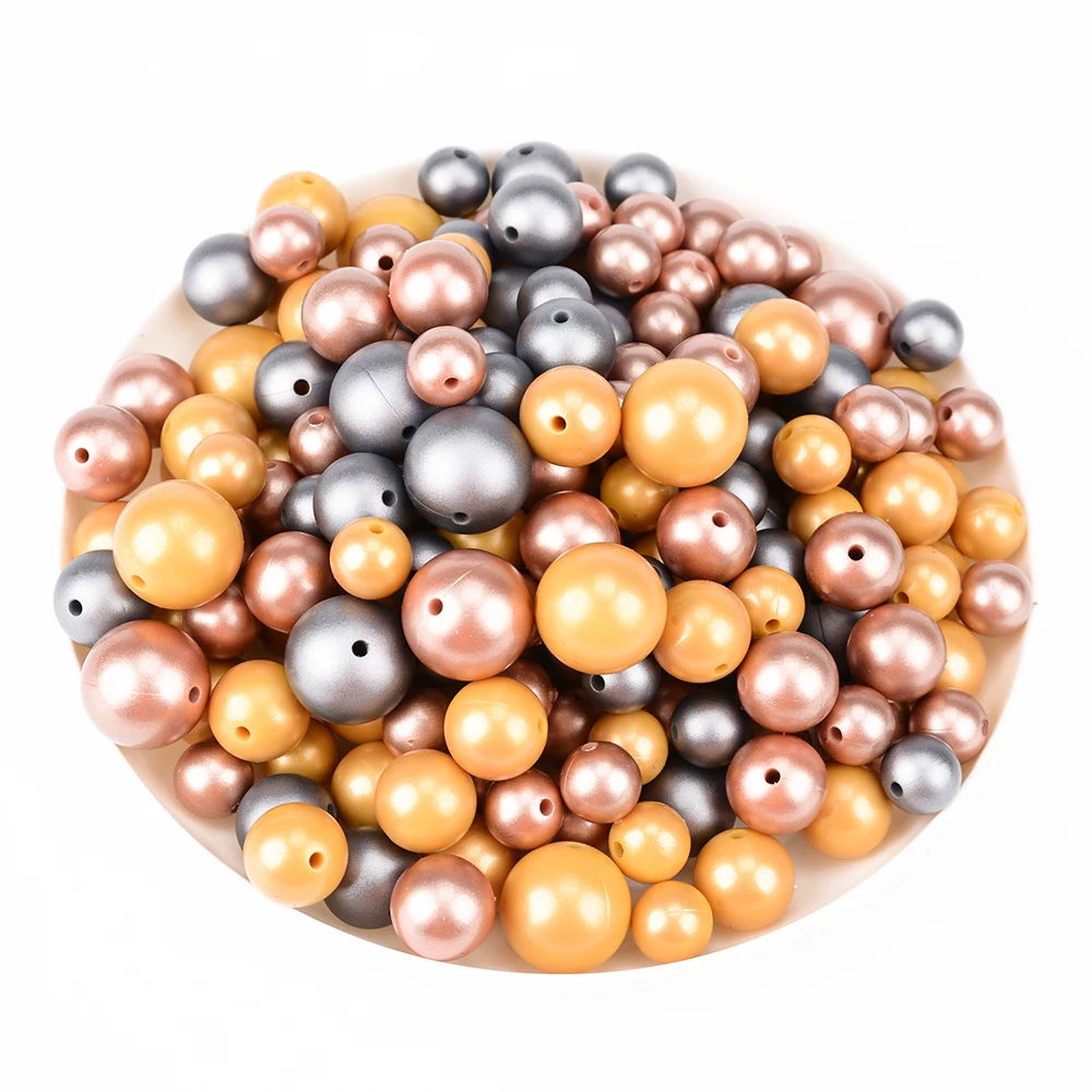 LOFCA Metallic Silver/Gold Print Silicone Beads BPA Free Soft Chewable Organic Beads For Necklace Baby Teething Toys DIY Chain images - 6
