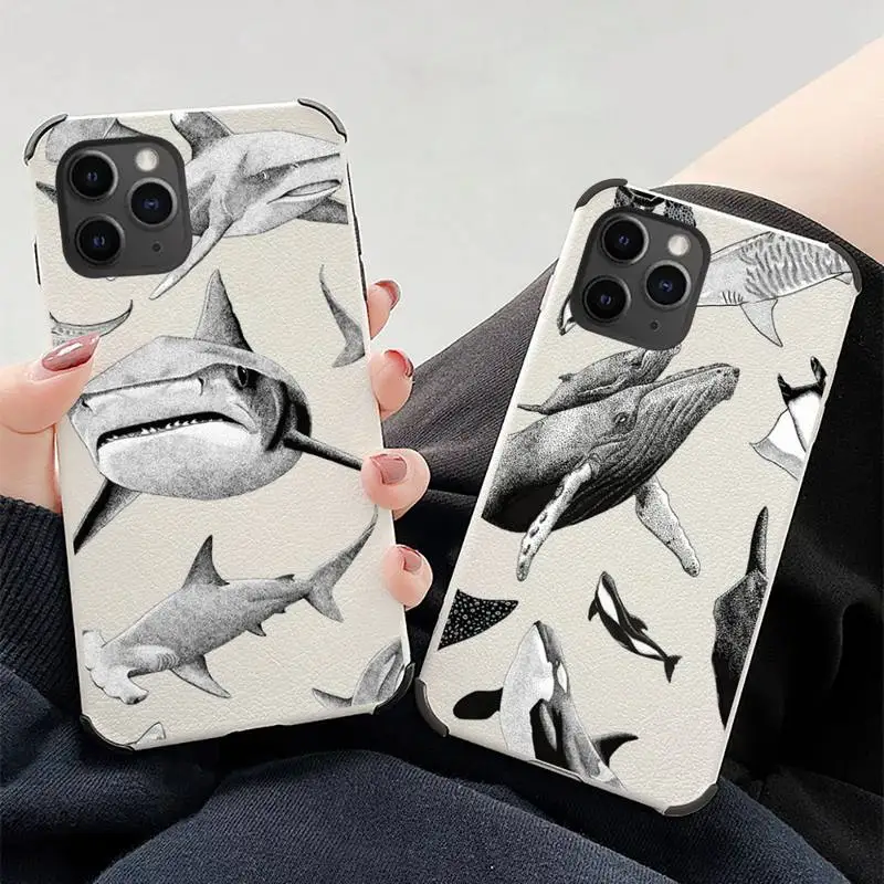 

shark Phone Case Lambskin Leather For iphone 12 11 8 7 6 XR X XS PLUS MINI PLUS PRO MAX Shockproof