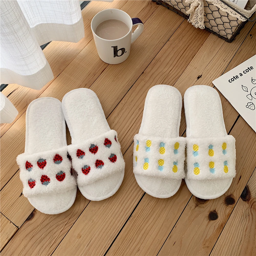 

Women Cartoon Fruit Strawberry Pineapple Cute Furry Plush Comfortable Slippers Keep Warm Indoor Home Soft Stuffed Shoes