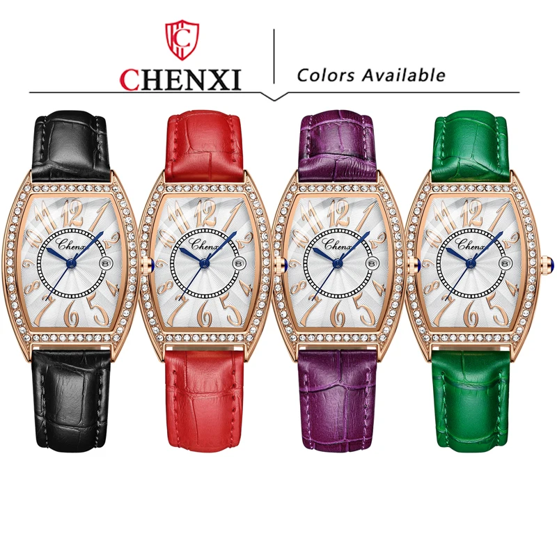 CHENXI часы из натуральной кожи женские с бриллиантами винный бочонок циферблат