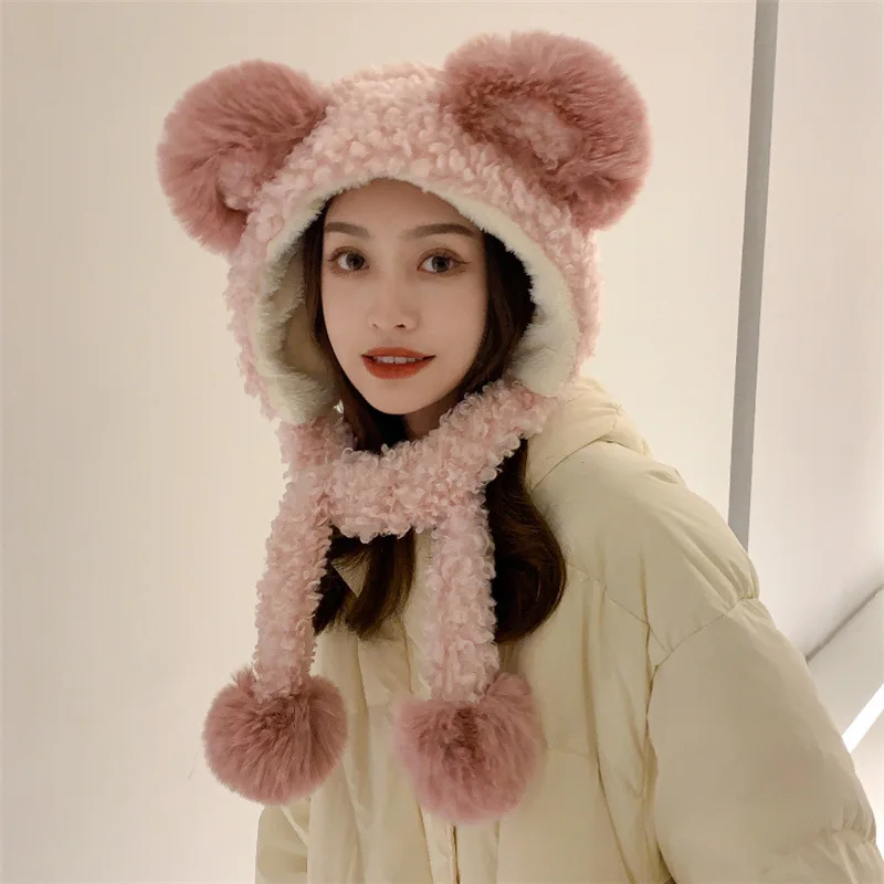 

Faux Lamb Fur Pompoms Beanie For Woman Girl Cute Cartoon Ear Solod Color Earmuff Hat Fashion Sweet School Winter Warm Hat
