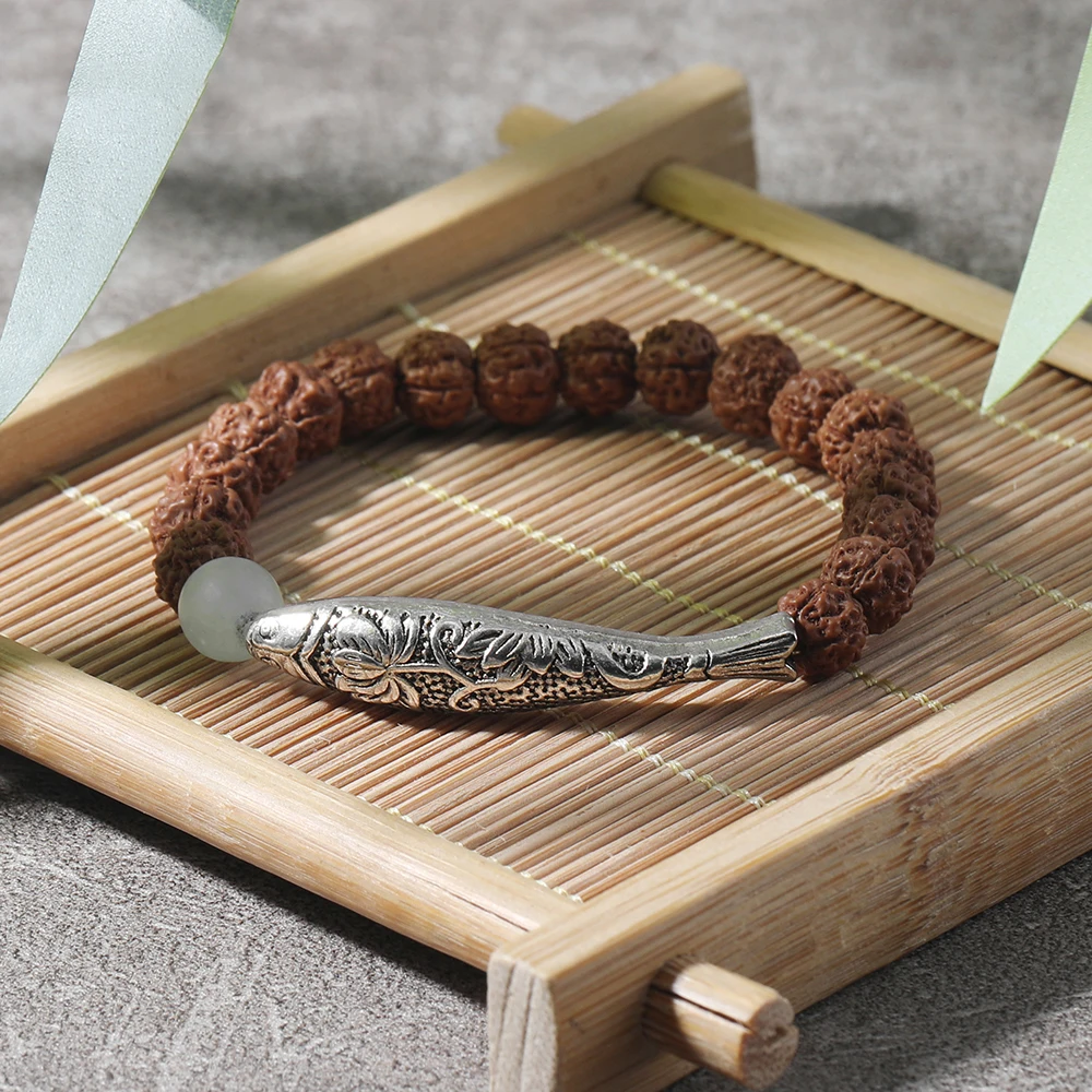 Rudraksha бусины Длинные трубки полые рыбки эластичный браслет для мужчин и женщин