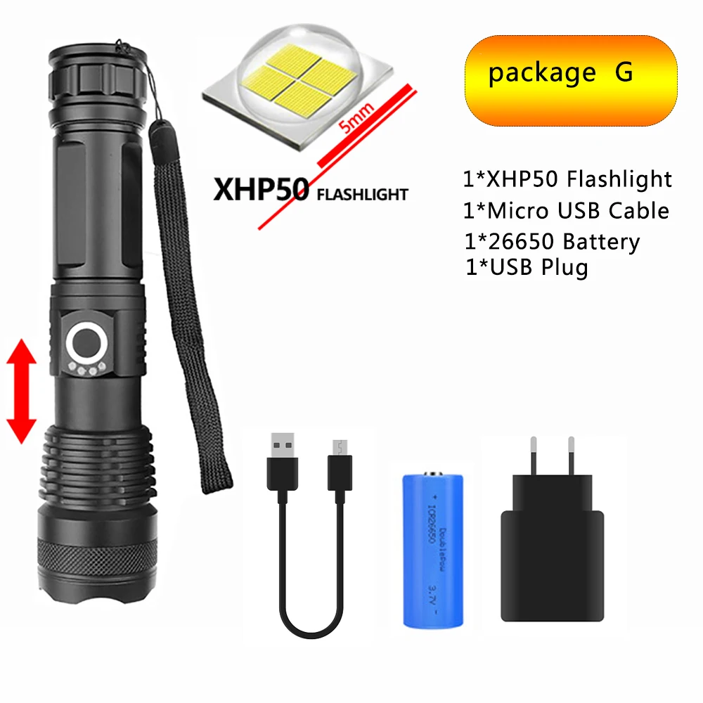 Package G Супер яркий светодиодный фонарь XHP90, перезаряжаемый, водонепроницаемый, фонарь с молотком Безопасности на открытом воздухе, батарея 26650, бесступенчатая лампа с затемнением - Испускаемый цвет: Package G