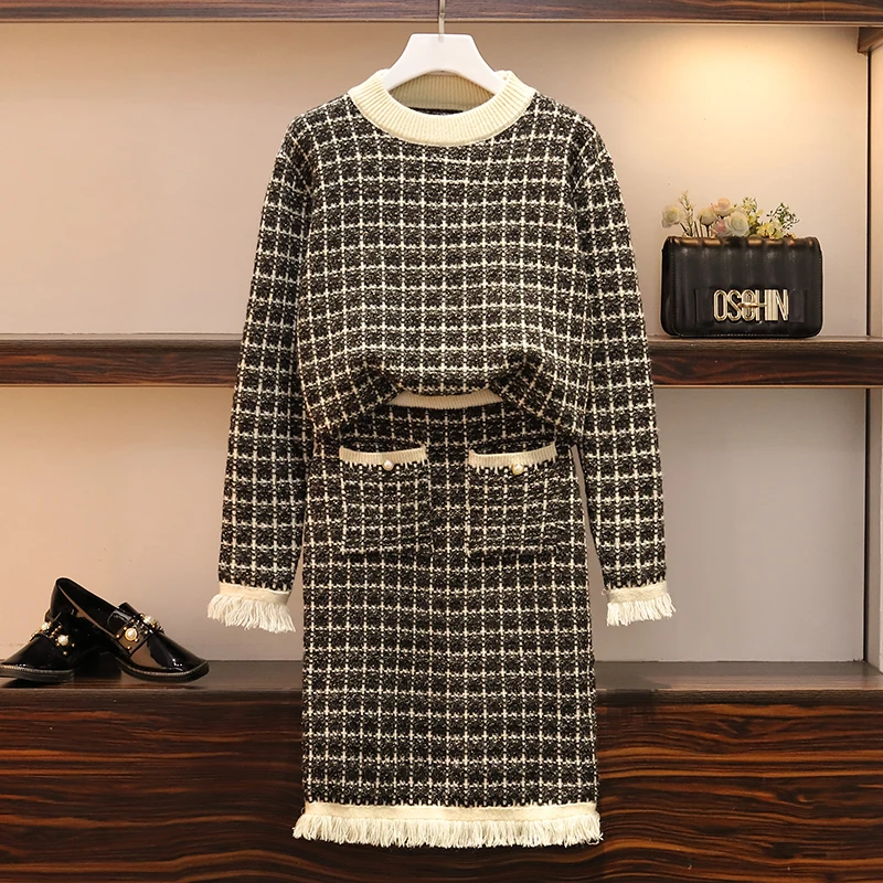 Женский твидовый костюм с юбкой комплект одежды из двух предметов свитер и юбка
