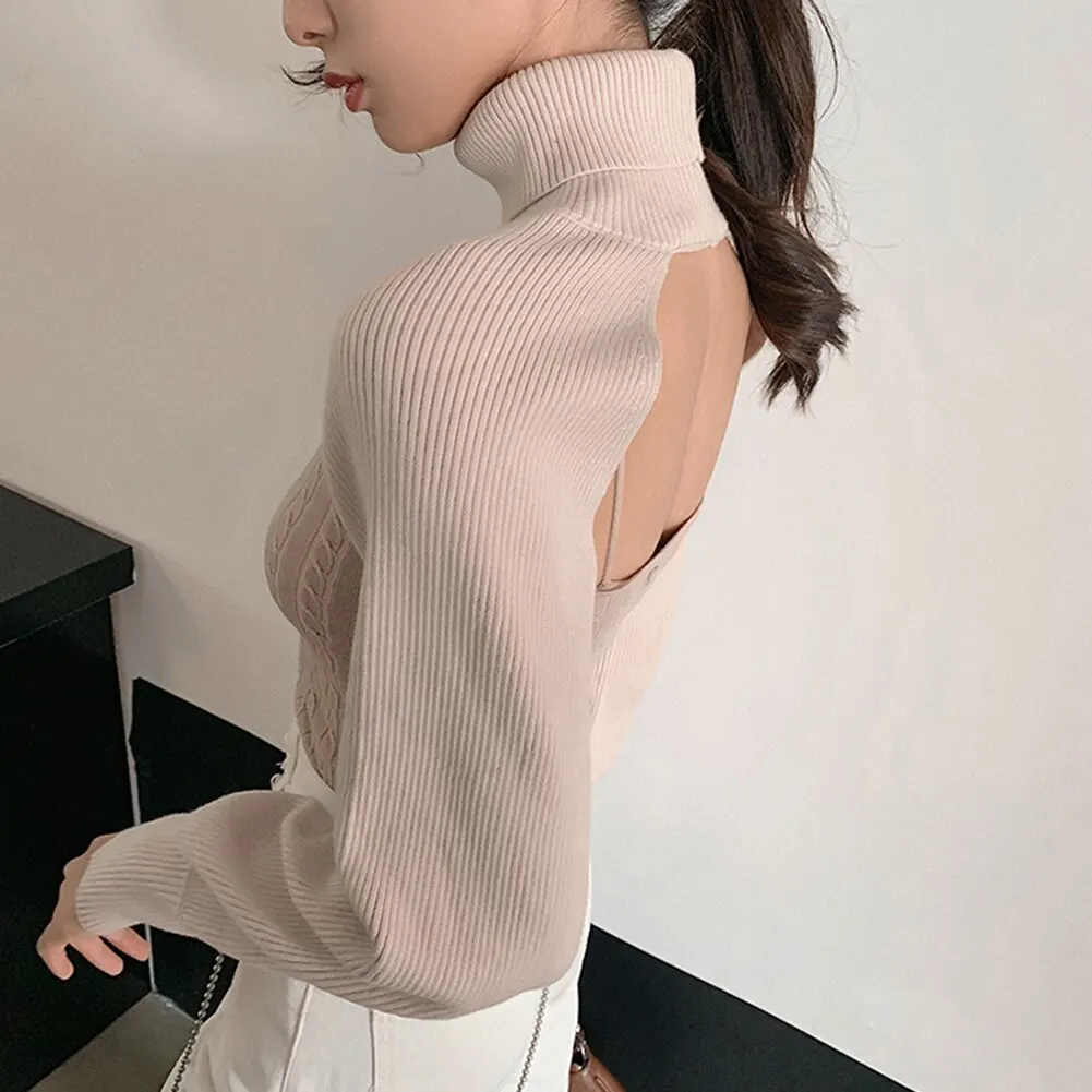 

Sweater Women Fall Solid Color High Collar Sweater Long Puff Sleeve Knitwear Pullover Female High Street Sweater Tops for Women