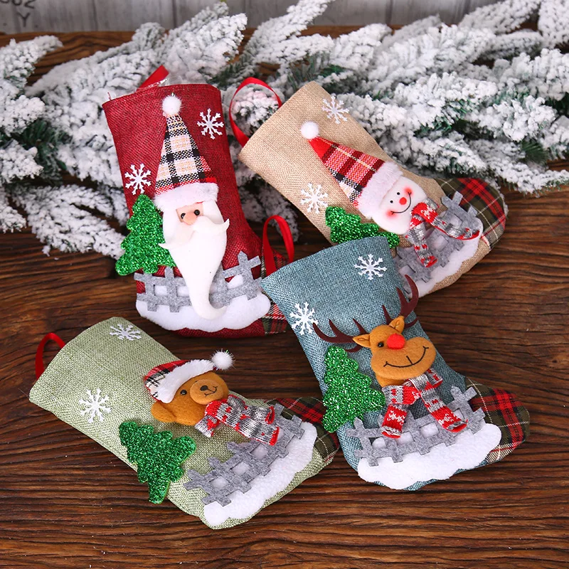 

2Pcs/lot Christmas Decoration Cartoon Snowman Santa Elk Bear Printing Stockings Socks for Xmas Tree Ornaments New Year Candy Bag