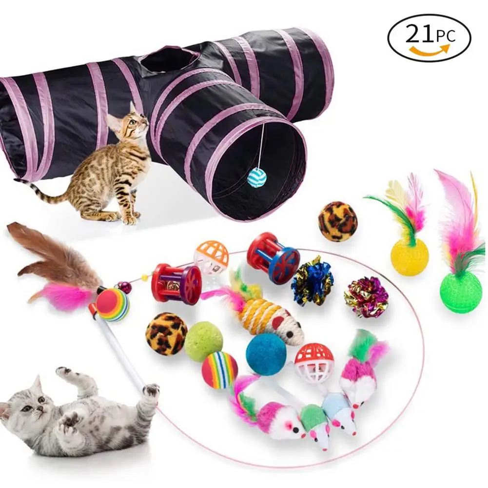

Pets Cat Toys Mouse Balls Cat Tunnel Kitten Pet Toy 21 Set Cat Channel Feather Funny Cat Stick Interactive Toy Supplies
