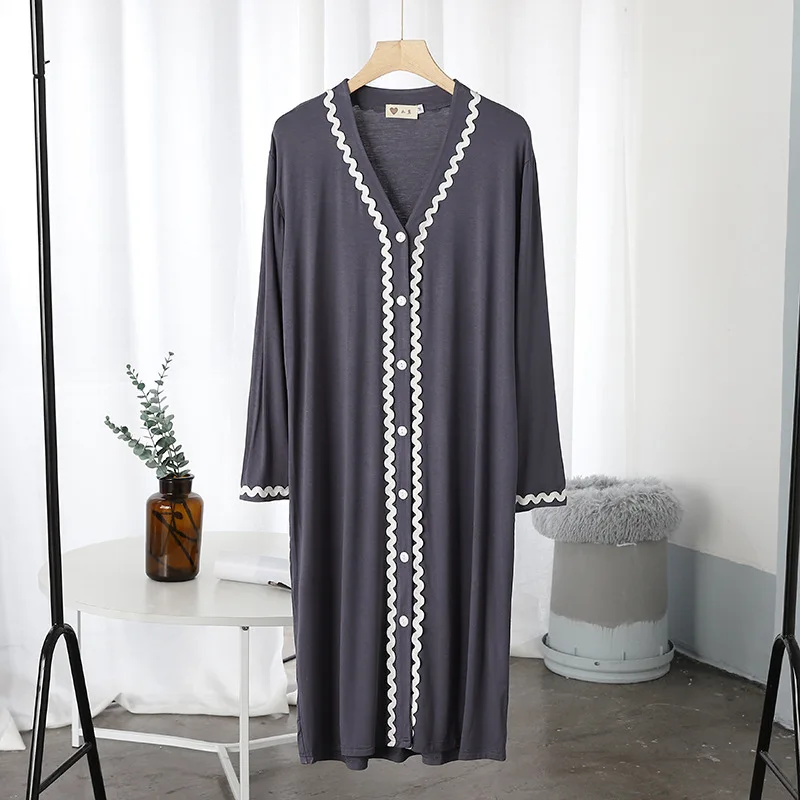 Spring Summer Modal Nightdress Cardigan Lace Long Sleeve Mid Length Dress Outer Wear Home Clothes Women's Nightwear Nightgowns