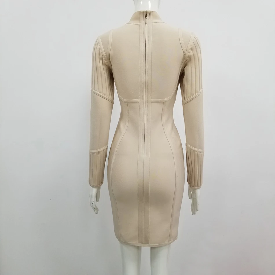 

Ailigou 2021 Summer New Product Bodycon Bandage Dress Ladies Sexy Zipper Nude Long Sleeve Mini Club Celebrity Party Dress