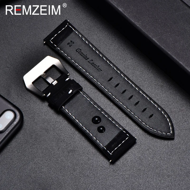 REMZEIM New Black Brown Blue Red Retro Matte Leather Watch Band 18 20 22 24mm Leather Strap Stainless Steel Buckle Watchbands