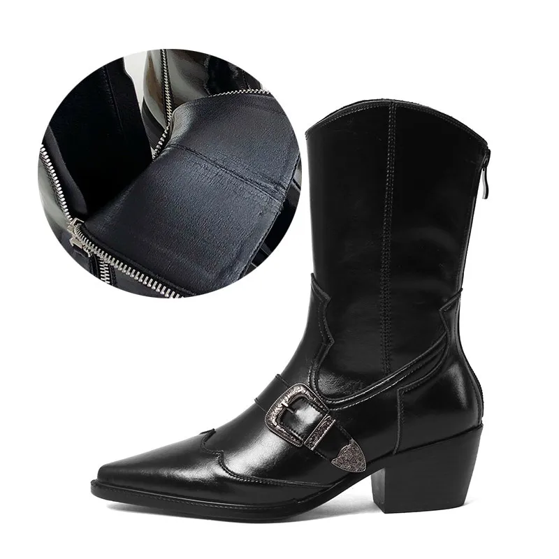 

Autumn and winter new western cowboy boots women's short boots with cow leather thick heel belt buckle pointed loose