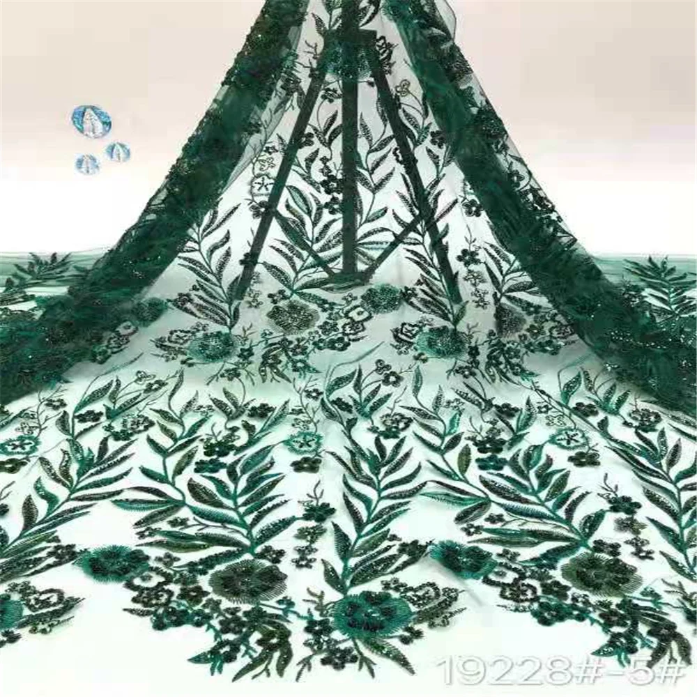 

NEW High Quality 2021 Tulle sequins Beaded French Nigerian Lace Fabrics Pearls Embroidered Guipure African 3D Lace Fabric Green
