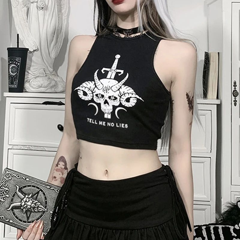 Женский топ без рукавов с круглым вырезом и принтом скелета | Женская одежда
