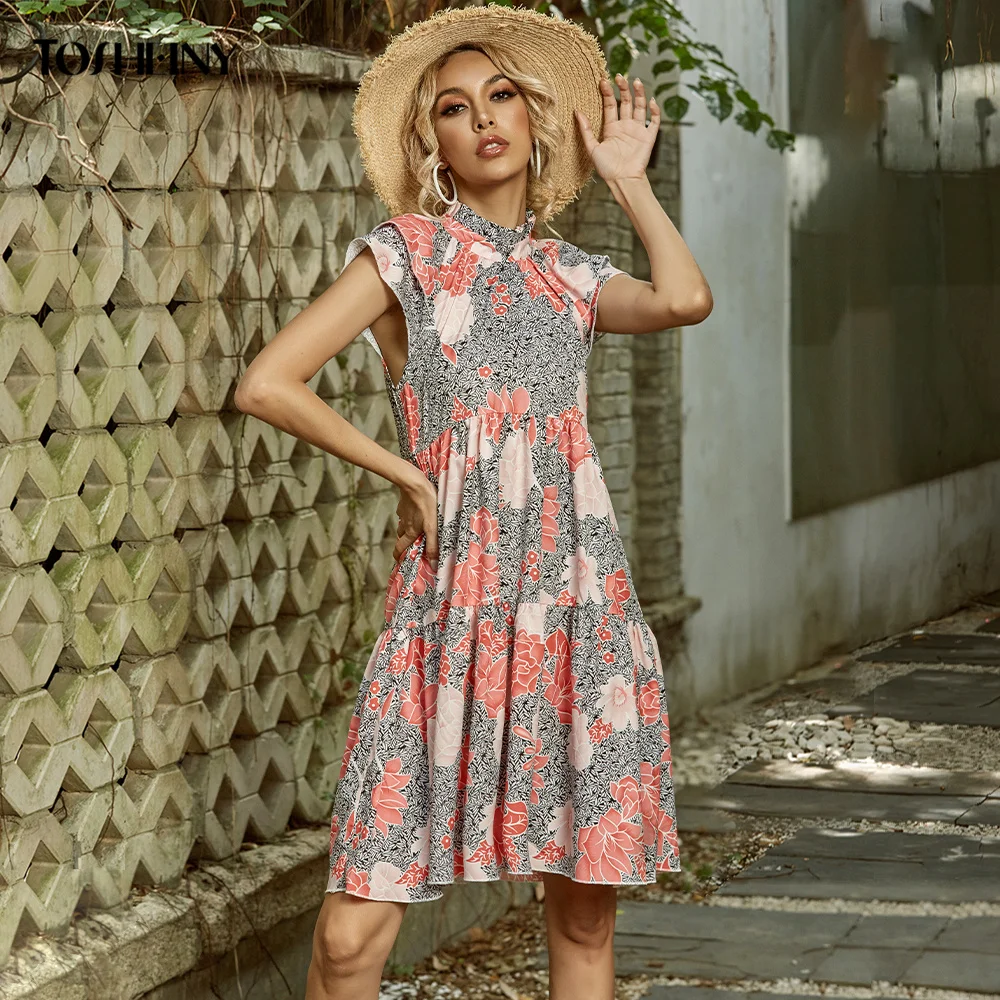 

Tosheiny Women Floral Print Mini Dresses Boho Style Loose Summer Beachwear Pleated Dress Female Vestidos M0108