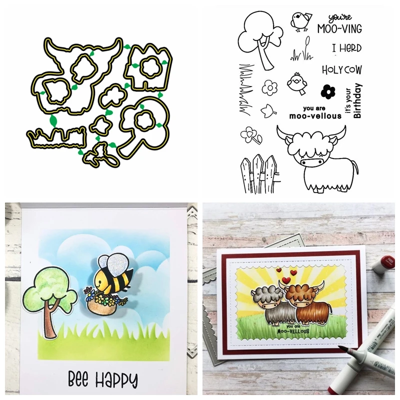 Animal Cow Birds Metal Cutting Dies With Clear Silicone Stamps Tree Grass Flowers Fence DIY Scrapbooking Craft Cards 2020 New