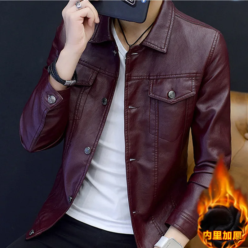 

Spring Autumn Fashion Men's Turn Up Collar Pu Leather Jacker Coats Men Smart Casual Faux Leather Overcoat Outwear Size M-4XL