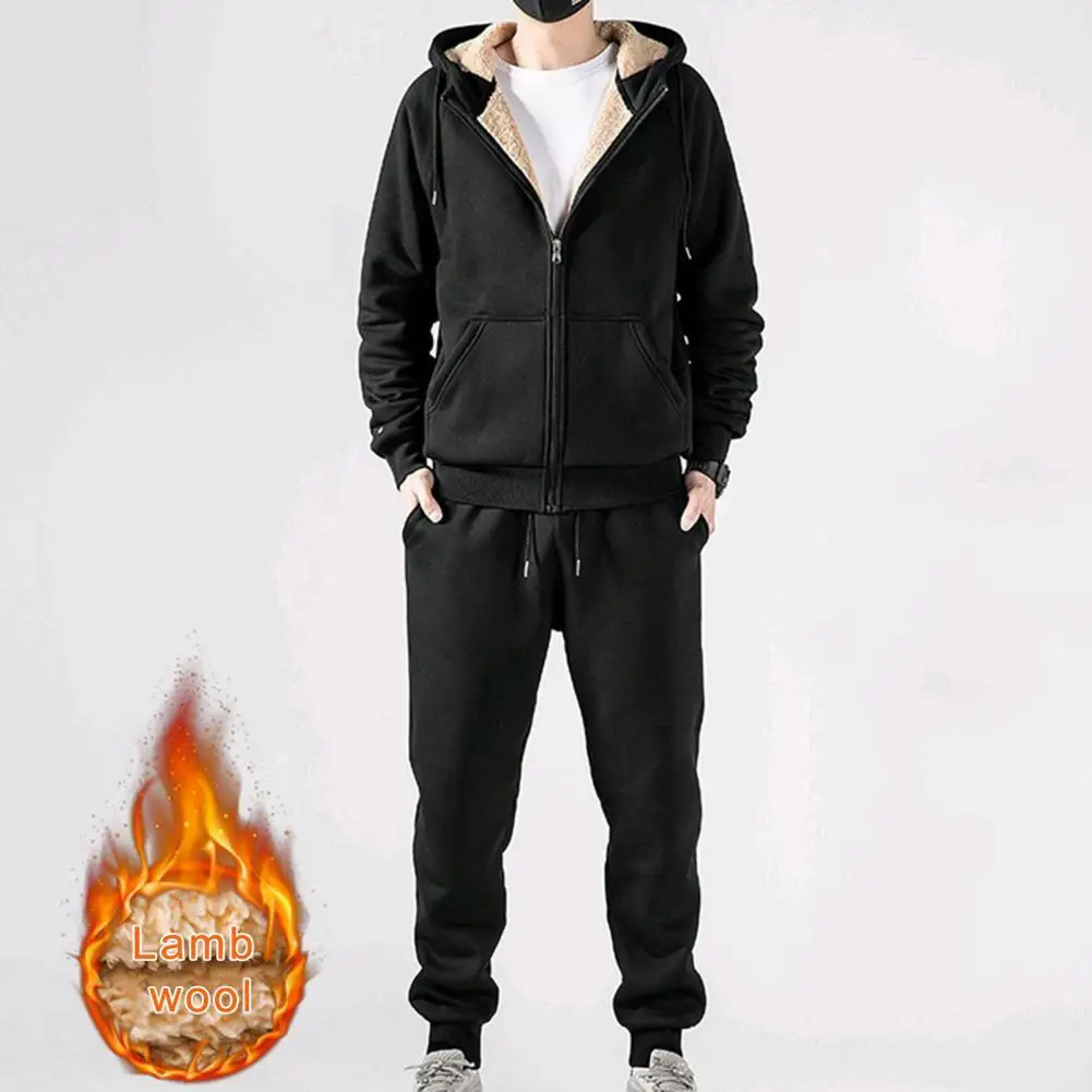 

2 Pcs/Set Winter Tracksuits Solid Color Simple Long Sleeve Drawstring Zip-up Men Tracksuits Hoodie Suit for Home