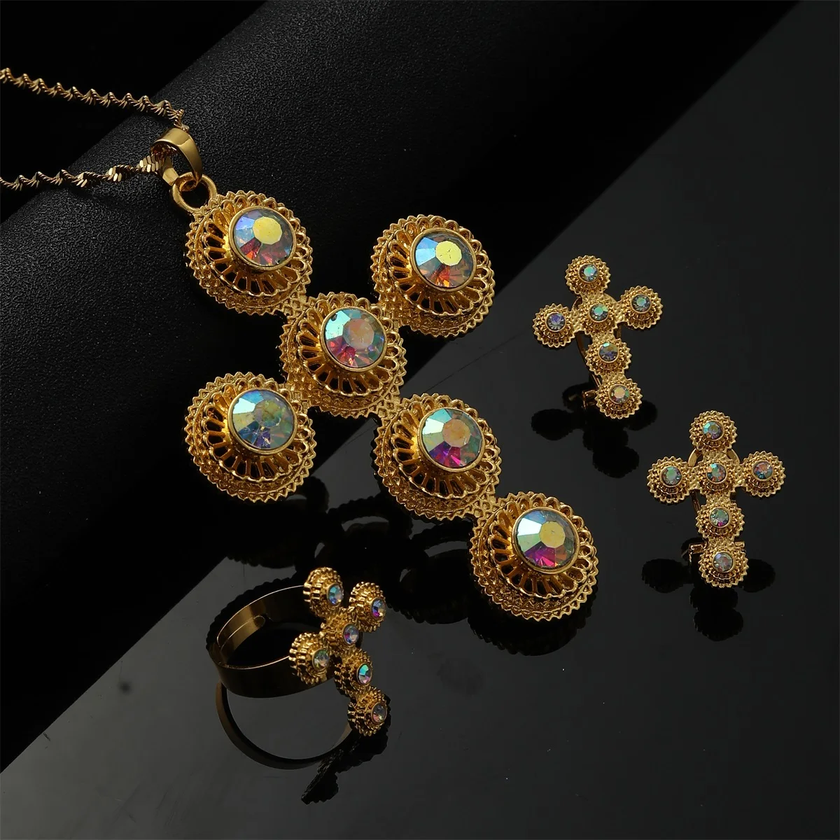 Женский комплект украшений с эфиопским крестом колье серьги и кольцо |