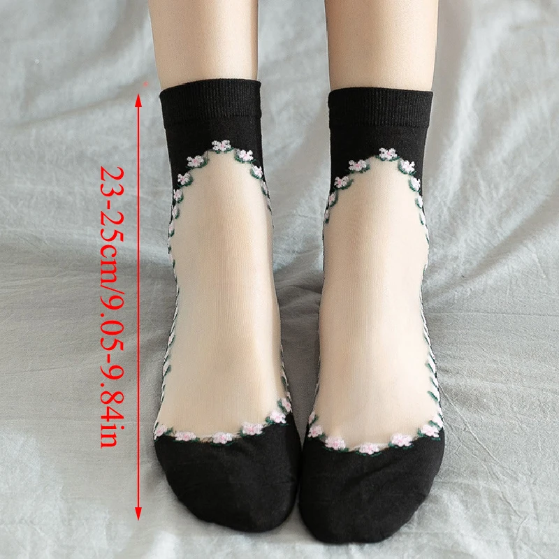 Ультратонкие летние женские носки прозрачные кружевные шелковые с кристаллами