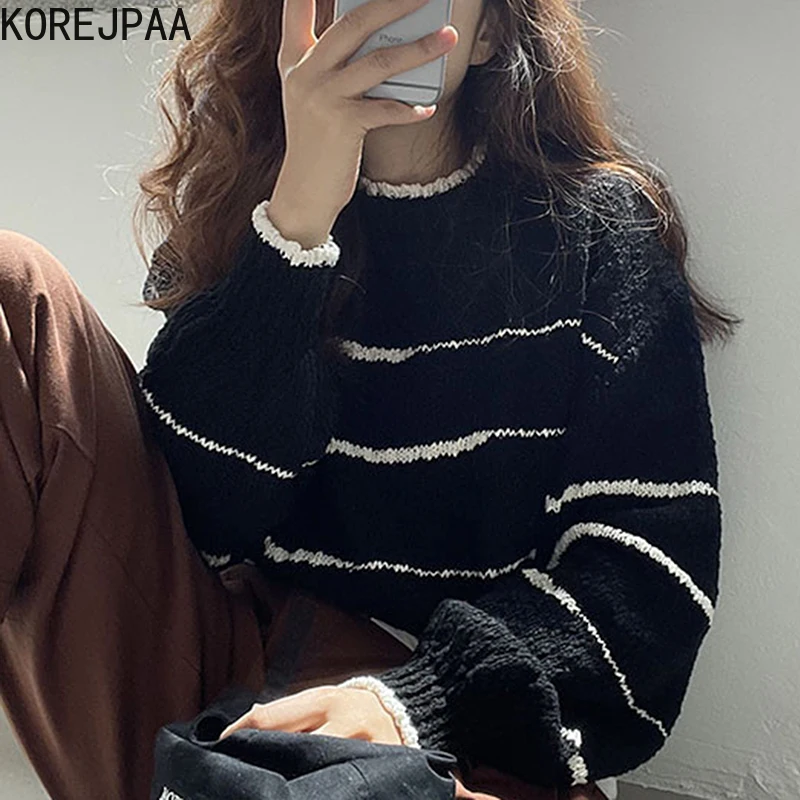 

Korejpaa Hit Color Striped Pullover Women Korea Vintage Autumn Winter Ladies O-neck Long Sleeve Knitted Sweater Elegant New