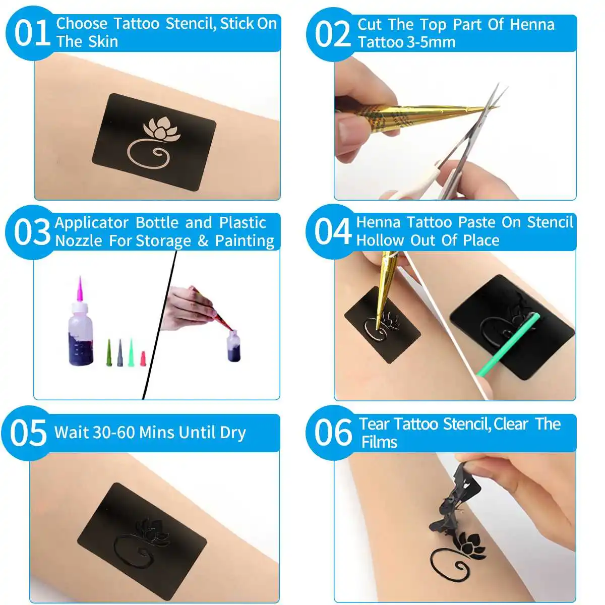 

6Pcs Black Brown Henna Tattoo Cream Set Temporary Tattoo Art Ink Stick Stencils with Plastic Nozzle