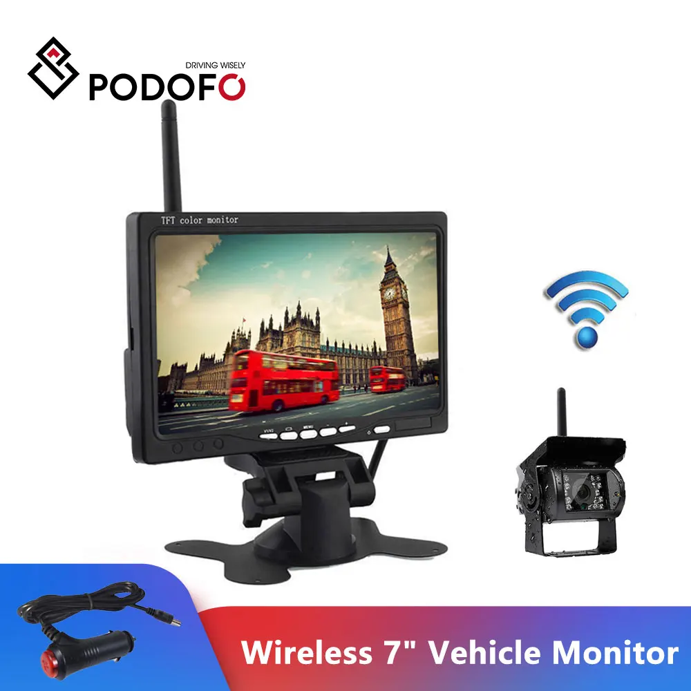 

Podofo Wireless 7" HD LCD Vehicle Backup Rear View Camera Monitor Parking System with Car Charger For Truck RV Trailer Bus
