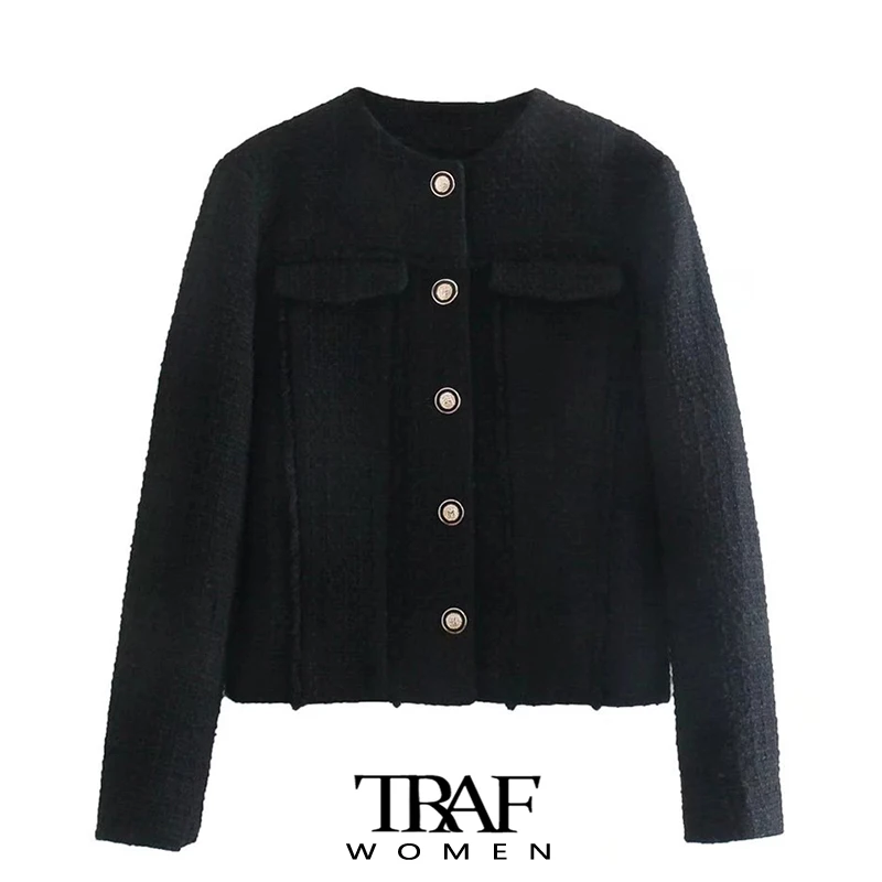 

TRAF Women Fashion With Gold Button Cropped Tweed Blazer Coat Vintage Long Sleeve Frayed Trims Female Outerwear Chic Tops