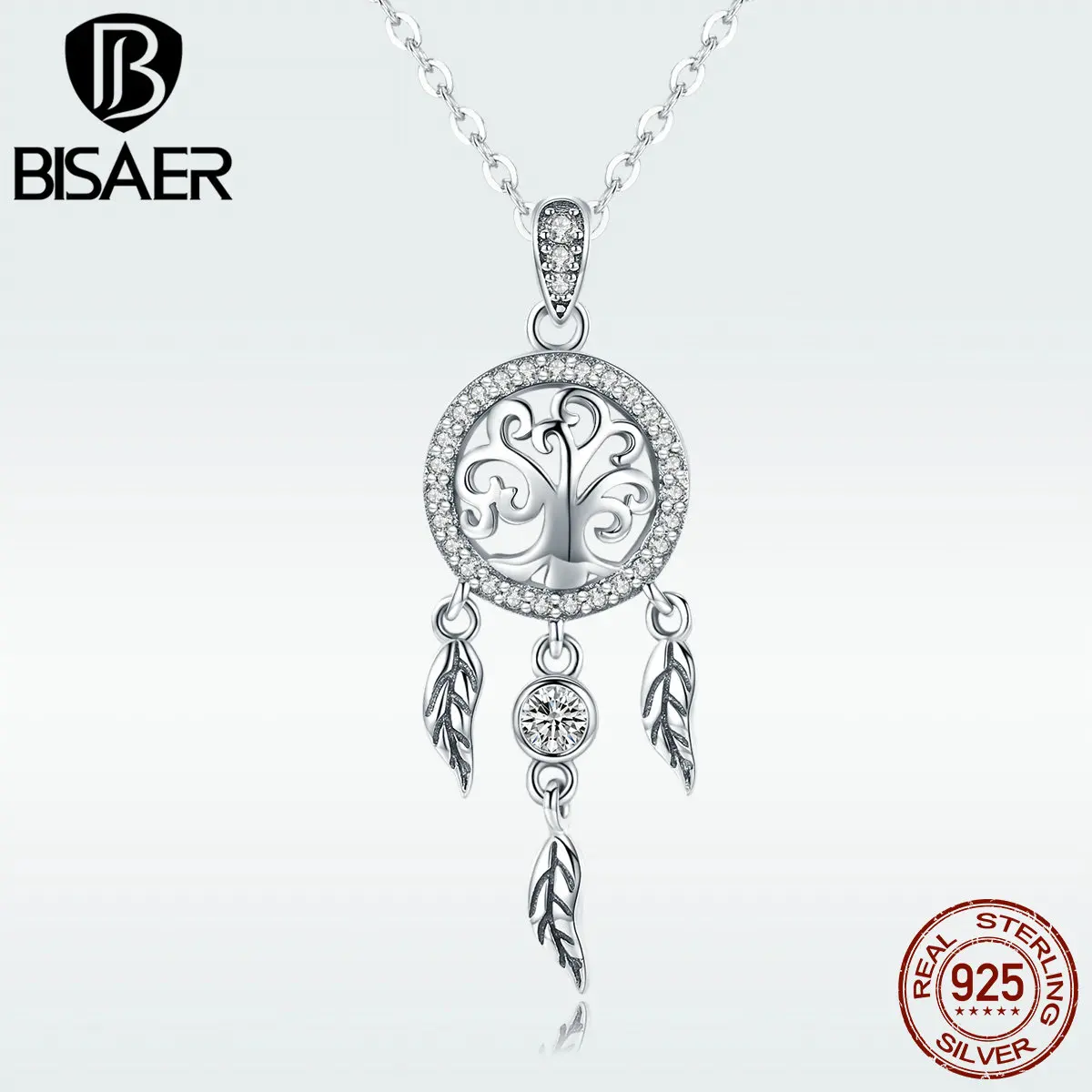 BISAER, ожерелье с подвеской, 925 пробы, серебро, Богемия, Ловец снов, дерево жизни, цепочка с листьями, ожерелье для женщин, роскошный подарок, GXN298