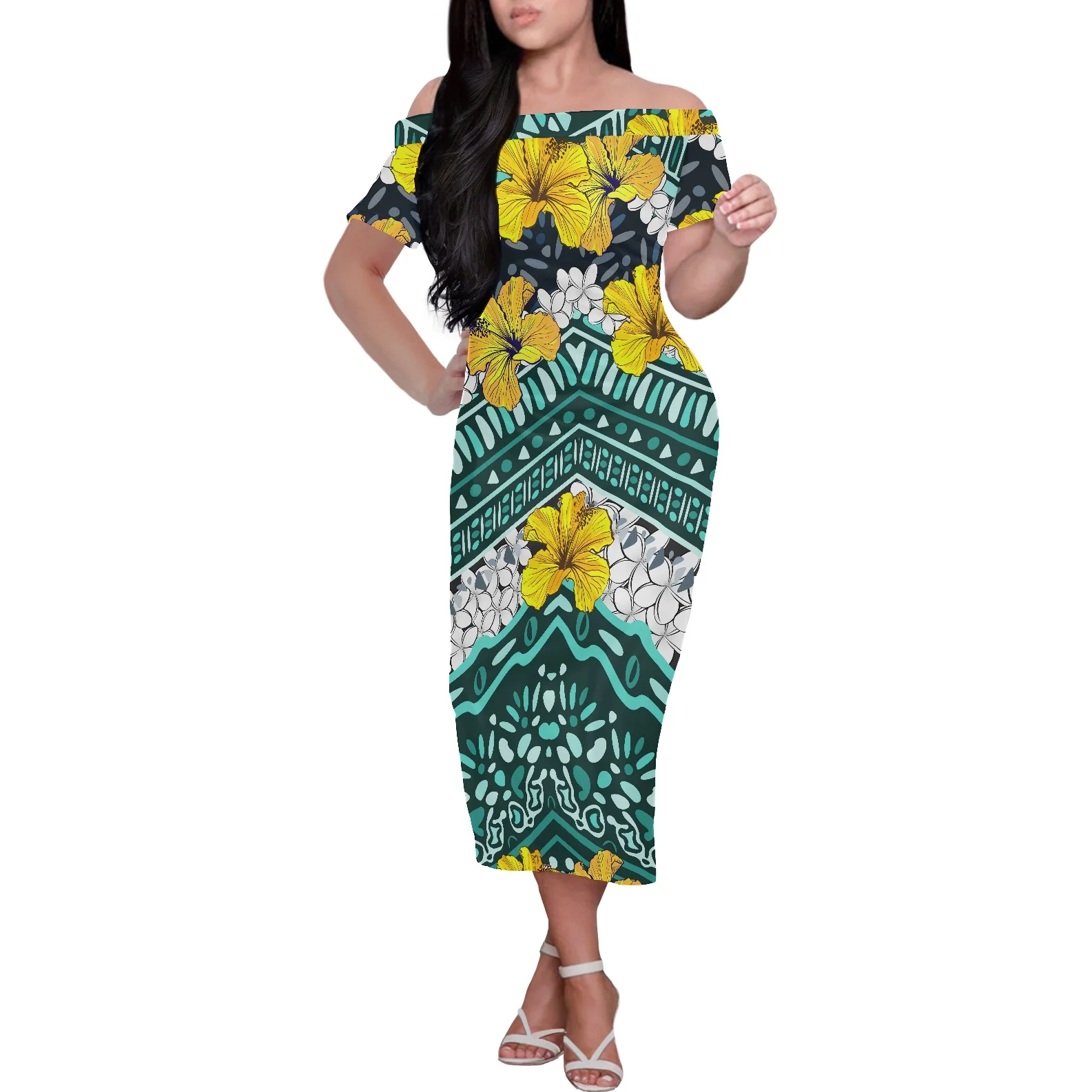 

Женское винтажное платье с открытыми плечами и цветочным принтом