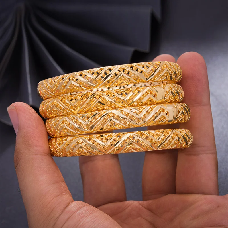 

24K Ethiopian Wave 4pcs/Lot Dubai Trendy Wedding Bangles for Women Arab African Gold Color Bracelet Jewelry Middle East Gifts