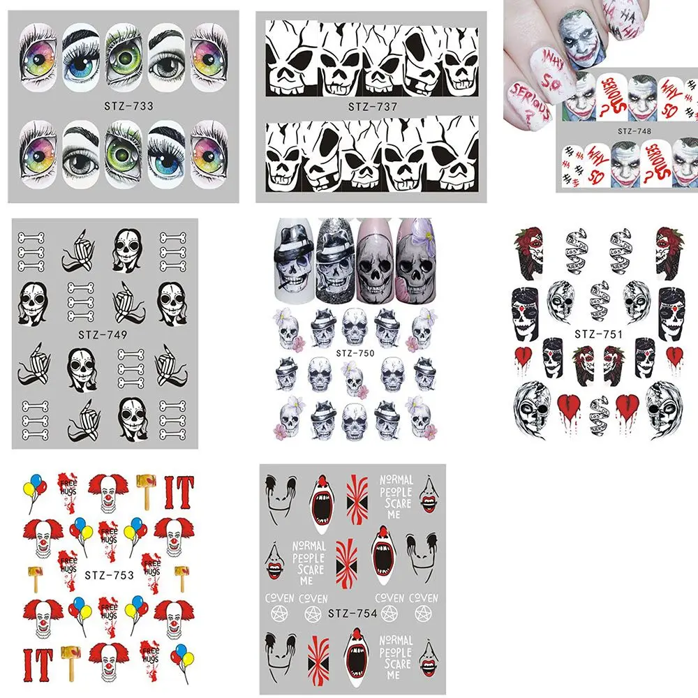 Наклейки для ногтей на Хэллоуин Череп голова призрак зомби ужас Диабло водные