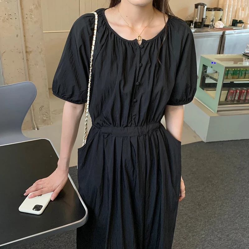 

Summer New Fashion Temperament Vestidos Female Round Neck Single-breasted Lace-up Waist Thin Puff Sleeve Midi Dress DK942