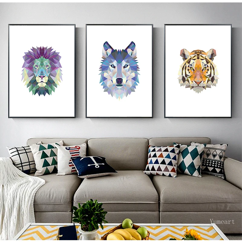 Абстрактная Геометрическая Картина на холсте с изображением оленя льва тигра