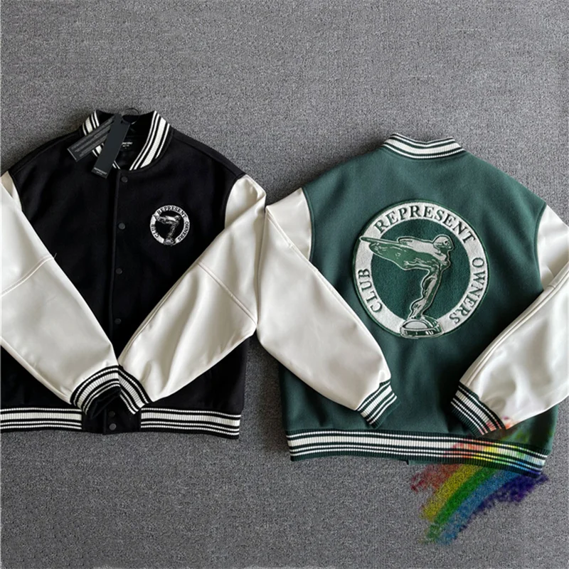 

Patchwork Represent Jacket Men Women 1:1 High-Quality College OWNERS CLUB Embroidered Represent Coats Green Bomber Jacket