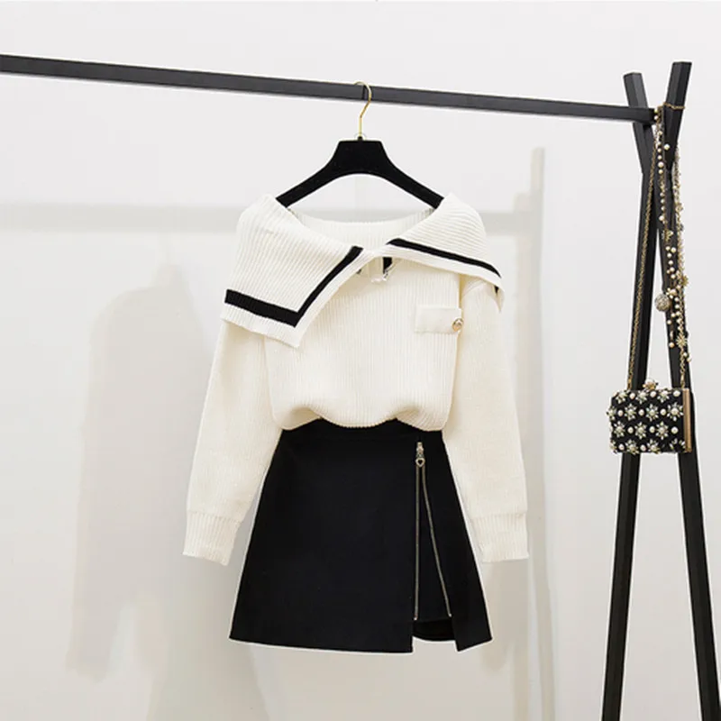 Женский вязаный свитер и мини-юбка комплект из двух предметов Осень-зима |