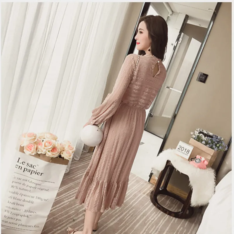 Новый Для женщин платье длинный рукав кружево Тонкий интеллект дыма длинные