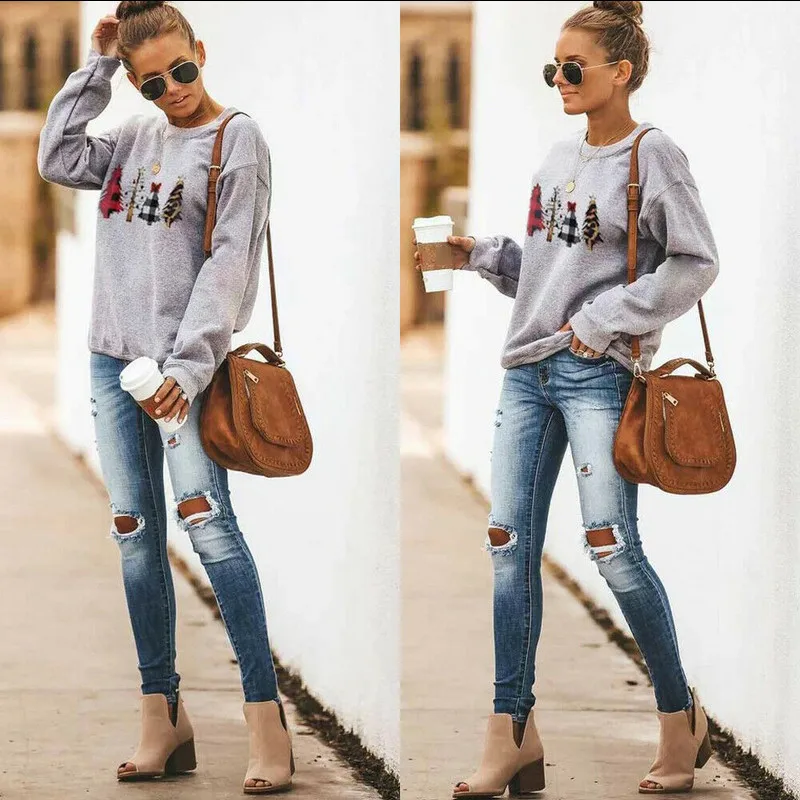 

Casual Christmas Tree Pattern Women Hoodies Sweatshirts Gray Ladies Long Sleeve Autumn Plus Size Jumper Female Pullover Tops