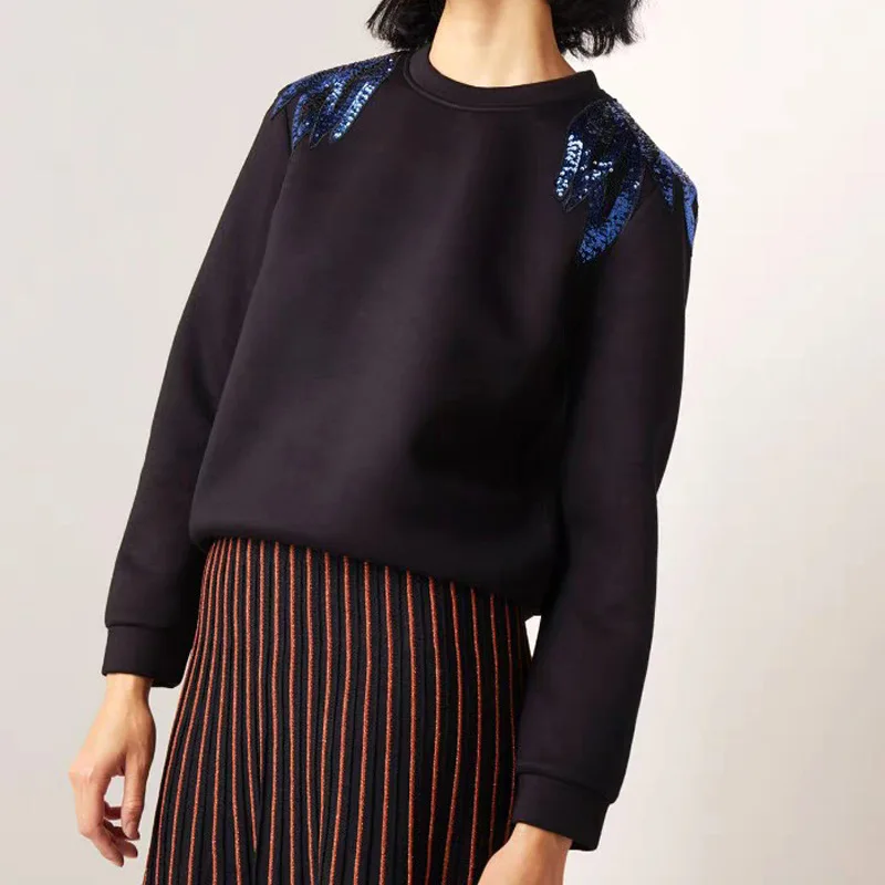 

2020 Autumn And Winter New Fashion Embroidery Sequins Air Cotton All Match Sports Top Loose Pullover Round Neck Hoodie WomenC081