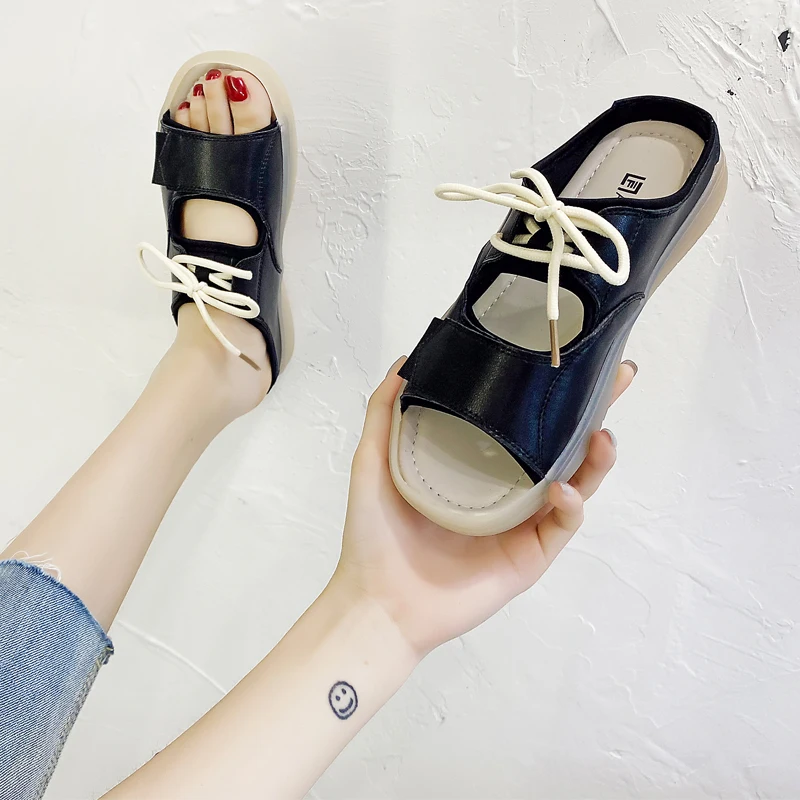 

MLJUESE 2021 Women Slippers Soft Split Leather Summer Rome style Black Color Open Toe High Heels Sandals Party Size 40